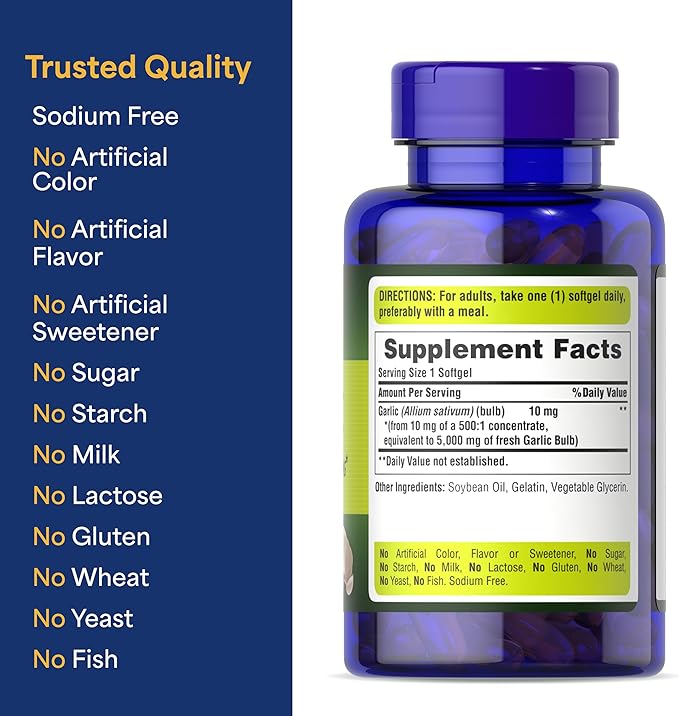 Puritan's Pride Premium Garlic Fresh 5000mg, Traditional Dietary Supplement for Heart Health and Circulation Support with Antioxidant Properties, 250 Rapid Release Softgels
