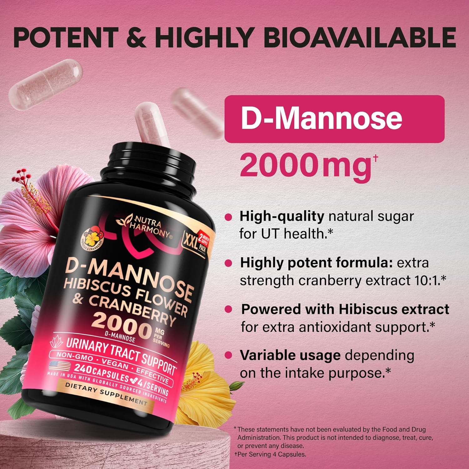 D-Mannose 2000mg with Cranberry & Hibiscus - Clinically Tested Strength for Urinary Tract Health - Supplement for Women - Bladder, Liver & Microflora Support - Made in USA - Vegan, 240 Capsules