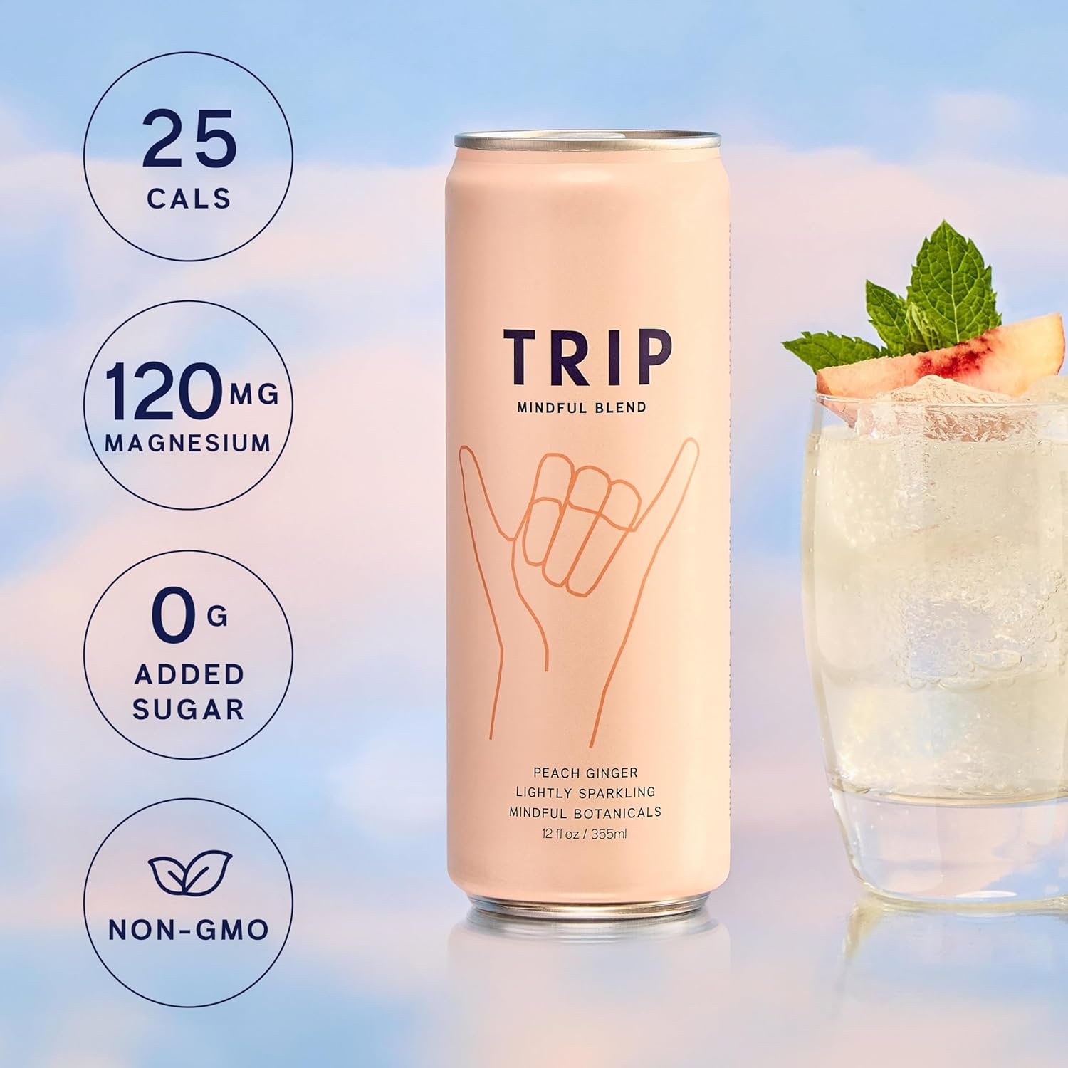 Trip Mindful Blend, Lightly Sparkling Adaptogen Seltzer, Mocktail w/ 120mg Magnesium Citrate with Ashwagandha, Lions Mane & L Theanine, No Added Sugar, Vegan, Peach Ginger, 12 Oz, 12Pk