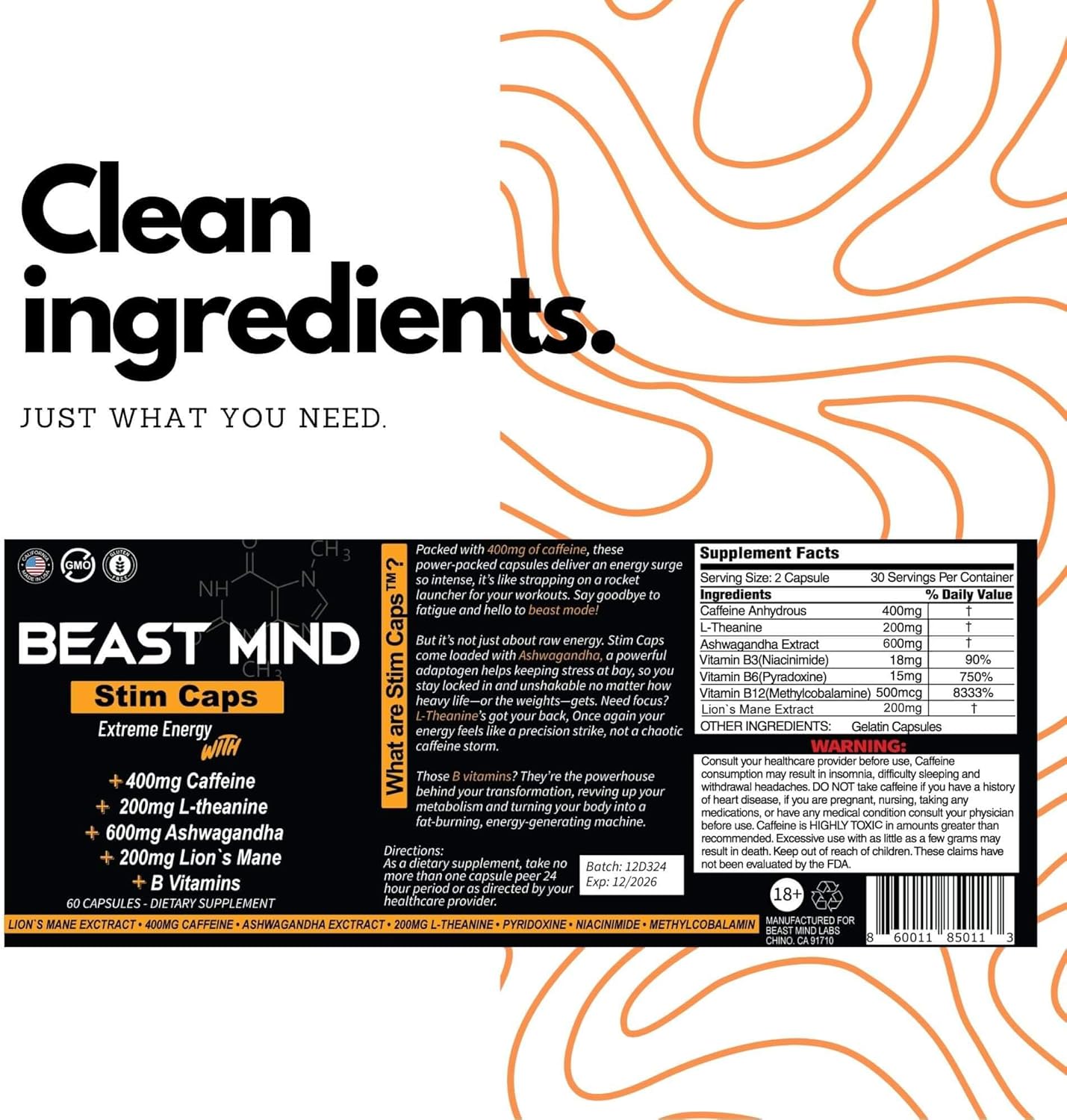 Extreme Energy Pills | 400mg Caffeine | 600mg Ashwagandha | 200mg Lions Mane | Increased Energy & Focus & Mood by Beast Mind