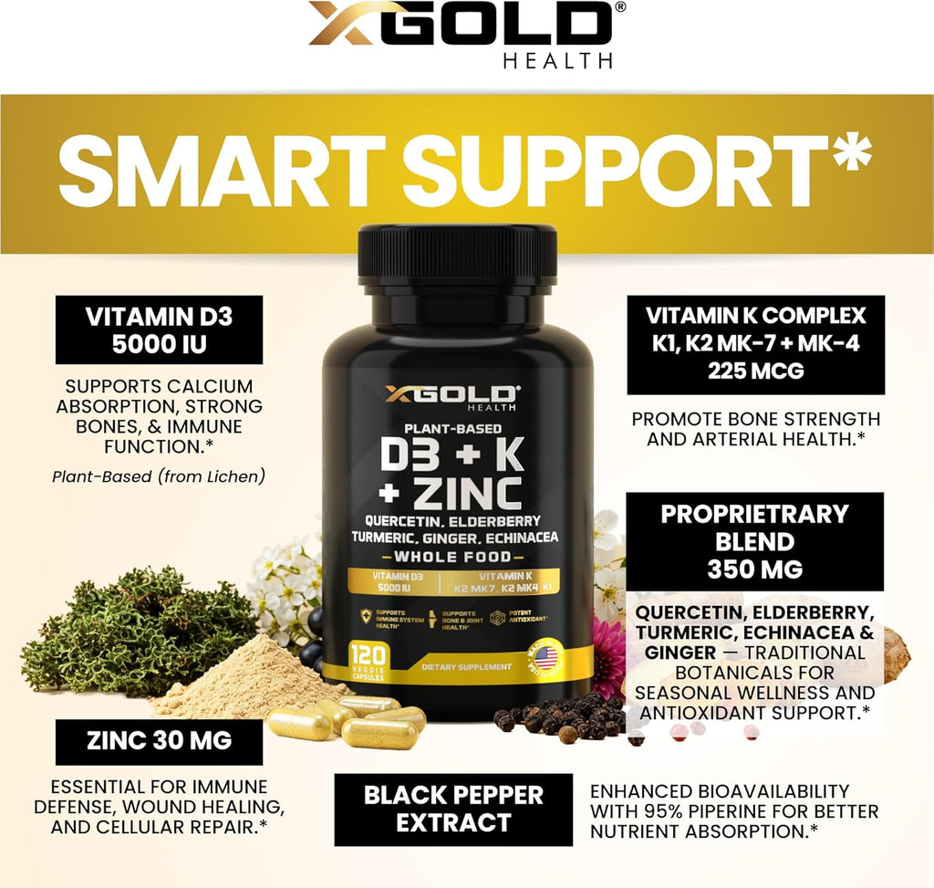 Vitamin D, K2, K1, Zinc, Quercetin, Elderberry, Turmeric, Ginger & Echinacea Whole Food Supplement 8 in 1- D3 5000 IU Plant-Based from Lichen, Vitamin K (K2 MK7, MK4, K1), D3 K2 Vitamins -120 Capsules