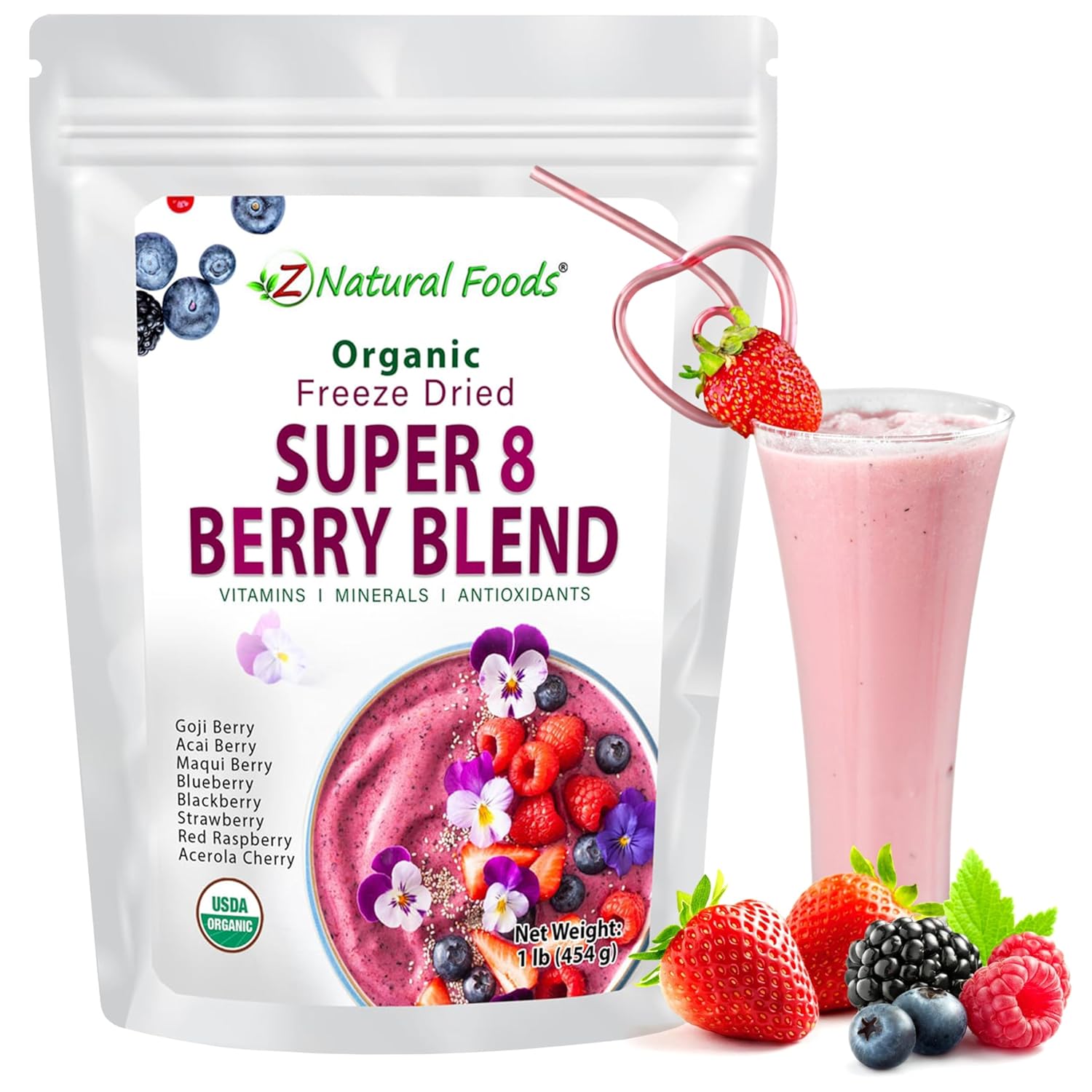 Z Natural Foods Super 8 Berry Blend - Organic Freeze Dried Berry Powder, Fruit Superfood Powder - Delicious Powdered Fruit Berry, Antioxidant Powder for Smoothies, Yogurts, Healthy Drink Mix, 1 lb