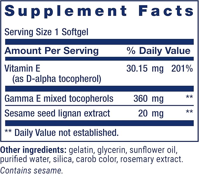 Life Extension Gamma E Mixed Tocopherols, Healthy Aging, Vitamin E Supplement, Enhanced with Sesame lignans, Gluten-Free, Non-GMO, 60 softgels