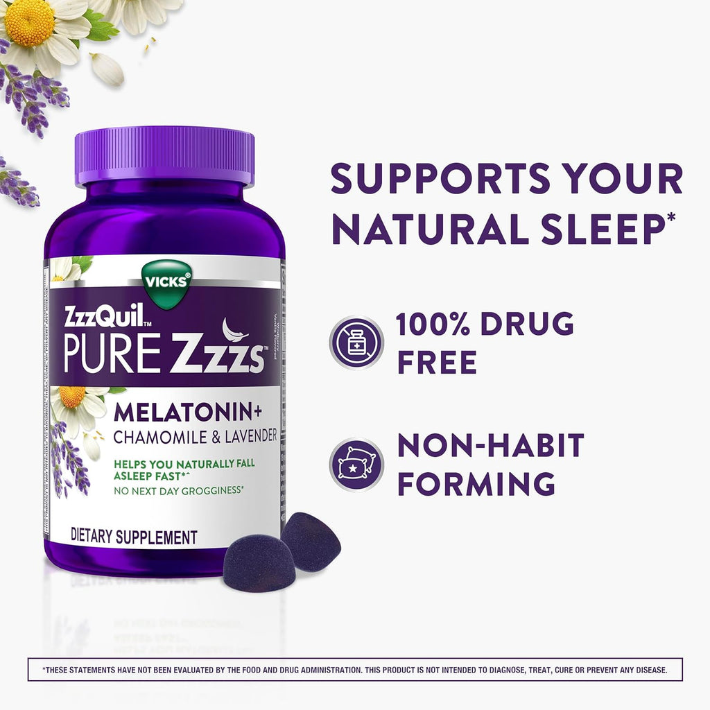 ZzzQuil PURE Zzzs Melatonin Gummies, Sleep Aid, Melatonin 2mg, with Chamomile & Lavender, Melatonin Sleep Gummies, Sleep Aids for Adults, Wildberry Vanilla Flavored, 72 Sleep Gummies