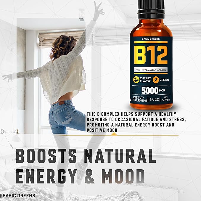 Vitamin B12 Sublingual Liquid Drops 5000 mcg – Vegan Methyl B-12 Supplement for Energy & Focus – B 12 Vitamin for Women & Men – Fast Absorption Methylcobalamin – 120 Servings – 4 fl oz