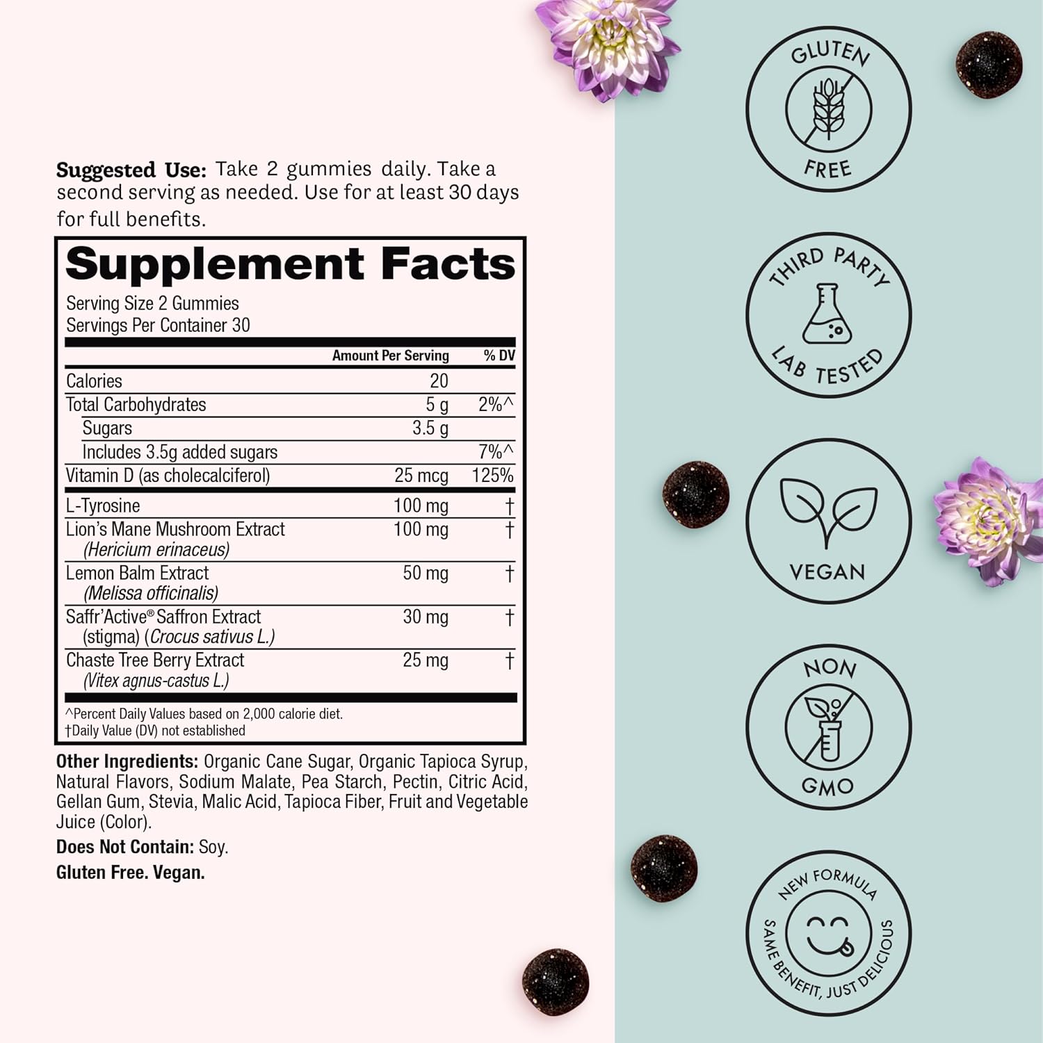 Winged Wellness Happy Her Mood Gummies - Daily Mood Enhancer Support Supplement for Women - Vitamin D with Saffron, Lemon Balm, & Lions Mane Mushrooms for Balance & Calming Relief - 50 Vegan Gummies