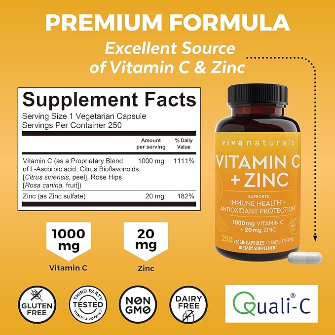 Viva Naturals Vitamin C and Zinc Supplement (250 Capsules) - 1000 mg Vitamin C with Zinc 20 mg Antioxidant Supplements for Immune Support, Vitamin Supplement for Adults