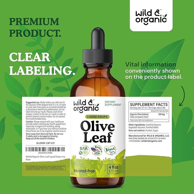 Wild & Organic Olive Leaf Liquid Extract - Olive Leaf Supplement for Immune Support - Oleuropein Liquid Drops - Vegan, Sugar & Alcohol Free Tincture - 4 fl oz