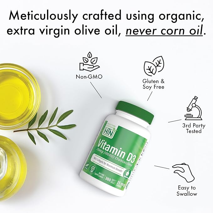 Health Thru Nutrition Vitamin D3 5000iu 360 Mini Softgels for Maximum Benefit Year Supply | 125mcg Cholecalciferol | 3rd Party Tested | Non-GMO USP Grade in Organic EVOO | Immune Health Support