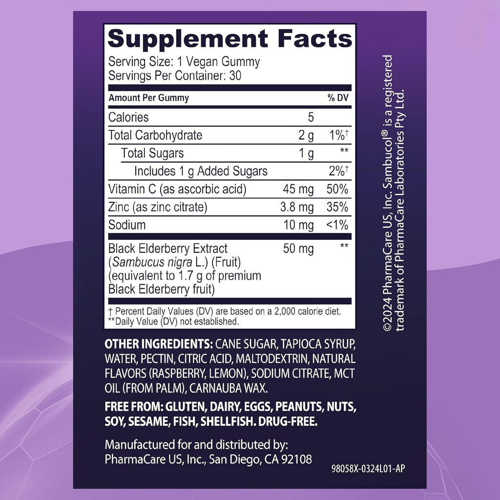 Sambucol Black Elderberry Gummies - Elderberry with Zinc and Vitamin C for Adults, Sambucus Elderberry Gummies, Immune Support Gummies - 30 Count