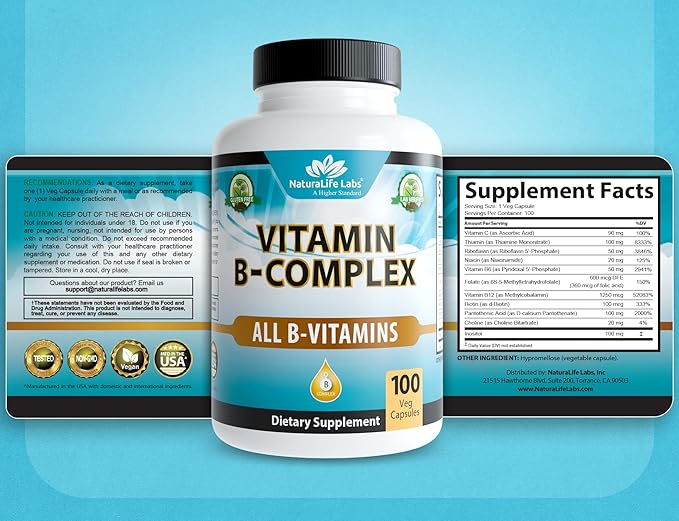 Vitamin B-Complex with Vitamin C – Includes Active B2 (Riboflavin-5-Phosphate), B6 (Pyridoxal-5-Phosphate), B9 (5-MTHF) and B12 (Methylcobalamin); plus B1, B3, B5 and B7 – 100 Capsules (2 Pack)