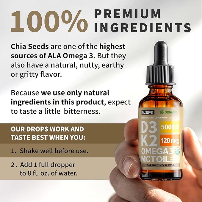 (2 Pack) Organic Vitamin D3 K2 Drops with MCT Oil Omega 3, 5000 IU, Maximum Strength Vitamin D Liquid, No Fillers, Non-GMO Liquid D3 for Faster Absorption, Immune Support (Peanut Butter, 2 Fl Oz)