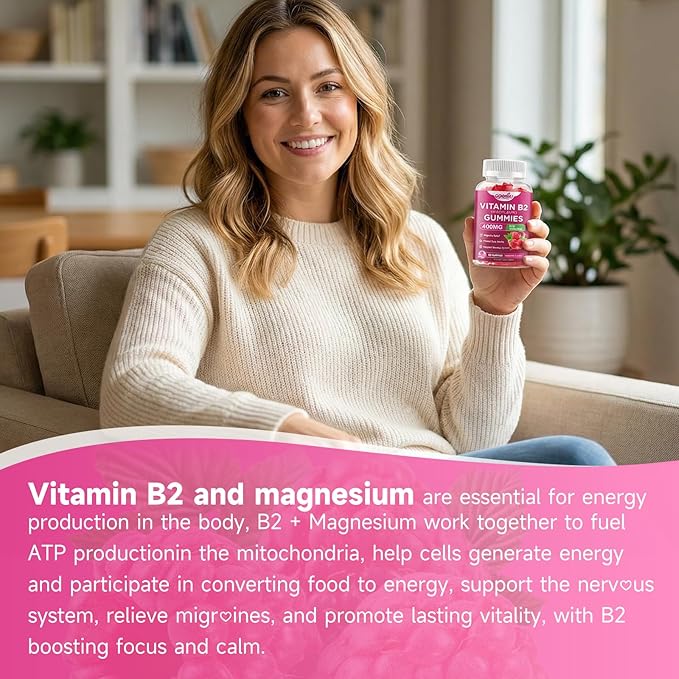 2 Pack Vitamin B2 Gummies Riboflavin 400mg Supplement with Magnesium for Kids & Adults B2 Gummies for Migra*ne Rel*ef, Nervous System Support & Skin Health, Raspberry Flavor, 120 Count