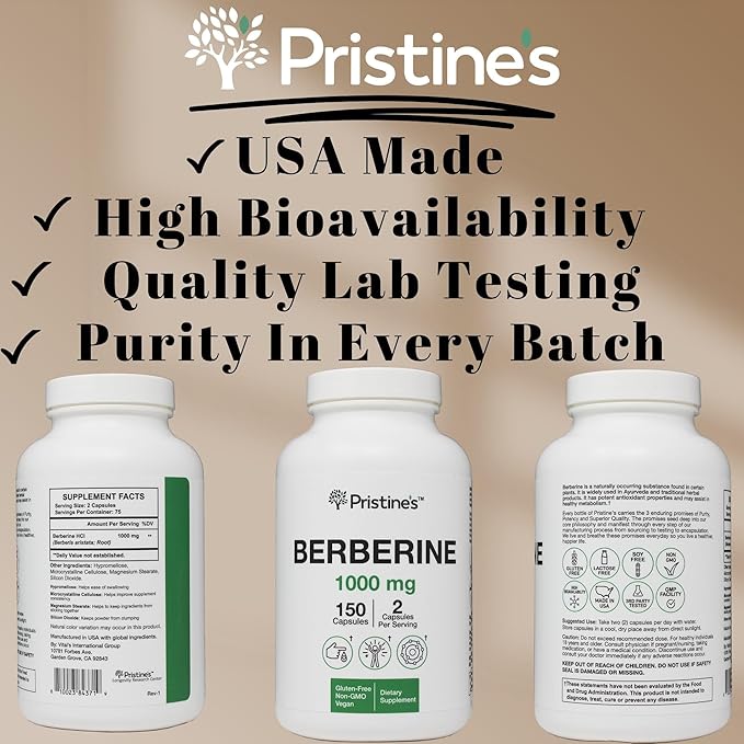 PRISTINE'S Berberine Supplement Capsules - 1000 MG 75 Day Supply 150 Capsules - Heart, & Immunity Health Support Antioxidant - Digestive Tract & Healthy Gut Flora Support