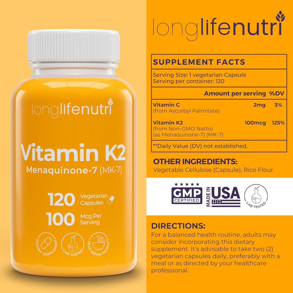 Vitamin K2 MK-7 100mcg – Nutrient Support for Bones and Circulation, 120 Vegetarian Capsules, 4-Month Supply, Lab Tested, Made in The USA, Non-GMO