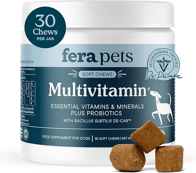 Fera Pets Dog Multivitamin Chews with Glucosamine and Probiotics - Essential Dog Vitamins & Minerals - Promotes Healthy Digestion & Joints - Boosts Skin & Coat Health with Omega-3s - 30 Soft Chews