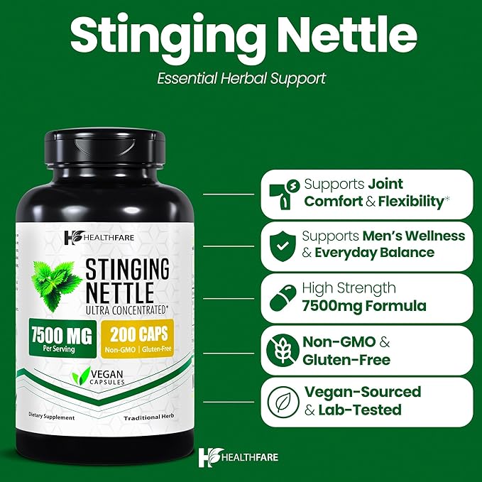 Healthfare Stinging Nettle Root Extract 7500mg | 200 Vegan Capsules | Extra Strength Herbal Supplement | Supports Prostate, Urinary & Hair Health | Non-GMO, Gluten-Free | Made in USA