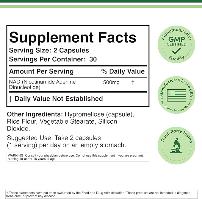 NAD+ Anti Aging & Cell Regeneration | 500mg of 95% Pure NAD Plus Per Serving, 30 Day Supply | Similar to Nicotinamide Riboside | Third Party Tested, Vegan Safe, Non-GMO