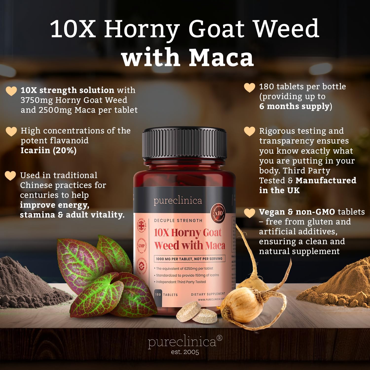 pureclinica 10X Horny Goat Weed & Maca Extract 6250mg x 180 Tablets (6 Months Supply) -10 X More Icariins - w/5mg Black Pepper Extract for 300% Increased Absorption