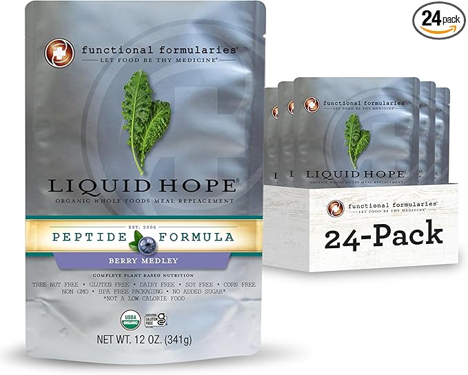FUNCTIONAL FORMULARIES Liquid Hope Orgainc Peptide, Berry Medley, Tube Feed Formula, 23 g Protein, 7g Fiber, Meal Replacement, 12 Oz (24 Pack)