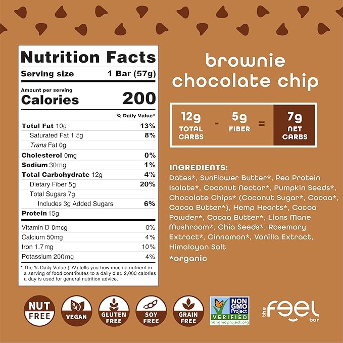Feel Vegan Protein Bars, Focus, Lion’s Mane, Dairy, Nut, Grain, Soy Free, 15g Plant Protein, Adaptogenic Snack, Organic, Low Sugar, Low Carb, Gluten Free, Brownie Chocolate Chip, 10 Pack