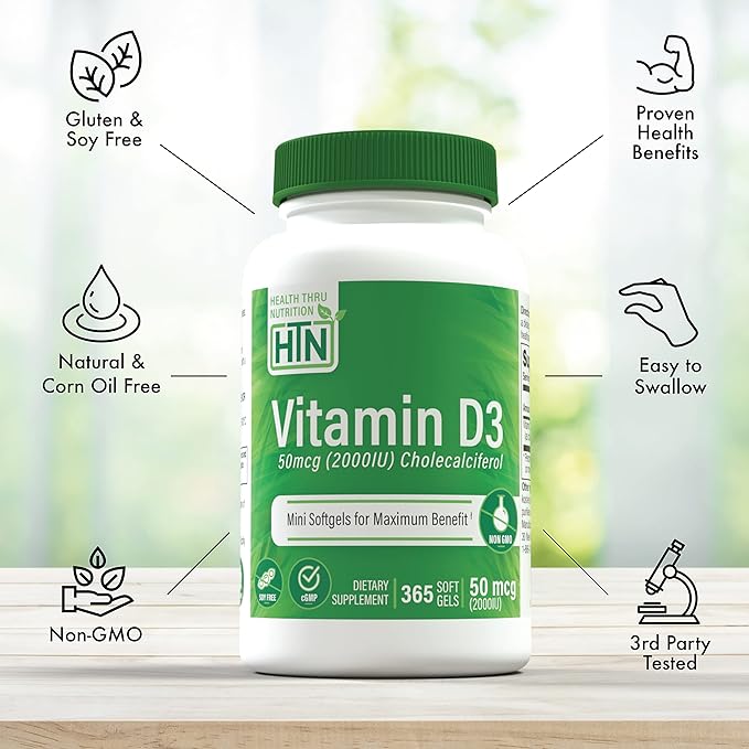 Health Thru Nutrition Vitamin D3 2000iu 365 Mini Softgels for Maximum Benefits | Year Supply | 50mcg Cholecalciferol | 3rd Party Tested | Non-GMO USP Grade in EVOO | Immune Health Support
