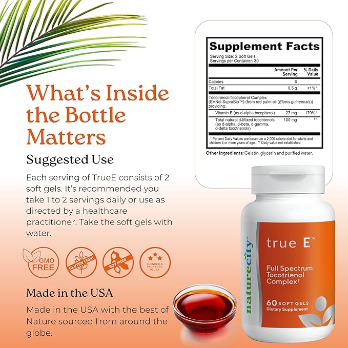 NatureCity True-E Full Spectrum Tocotrienols Vitamin E & Natural Alpha Tocopherol Supplement | Sustainable Vitamin E Tocotrienols from Evnol Suprabio | Non-GMO Vitamin E Complex | 60 Soft gels