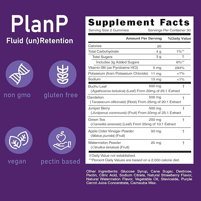 PlanP – Premium All-Natural Diuretic Gummies for Bloating & Water Retention Relief – Plant-Based Formula with Dandelion, Cranberry & Hibiscus – 60 Gummies (30-Day Supply) Made in The USA