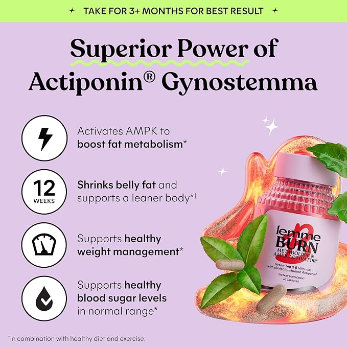Lemme Burn - Metabolism, Belly Fat Burning + AMPK Activating Supplement for Men & Women w/Clinically Studied Actiponin Gynostemma, Green Tea Extract, Vitamins B6 & B12 - Gluten Free, 180 Count