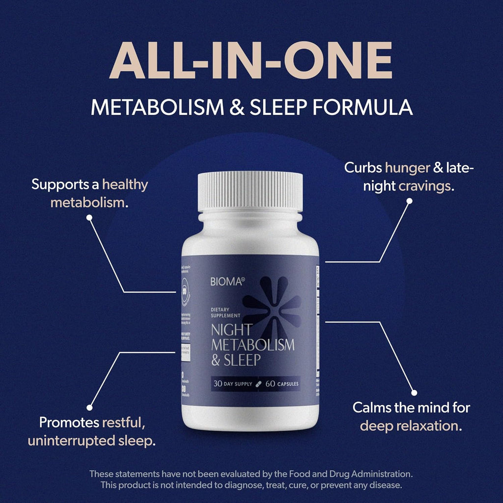 BIOMA Night Metabolism & Sleep - Supports Digestion, Energy Metabolism & Restful Sleep with Melatonin, Vitamin D, Magnesium & More - 60 Capsules (30-Day Supply)