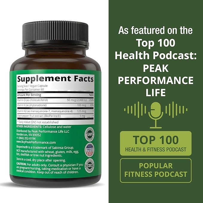 Peak Performance Advanced Vitamin D 2000 IU with All 3 Types of Vitamin K Vitamin D3 and Vitamin K2, K1, MK-7 (MK7), MK4 Supplements. 60 Small and Easy to Swallow Vegetable Pills (2000 IU)