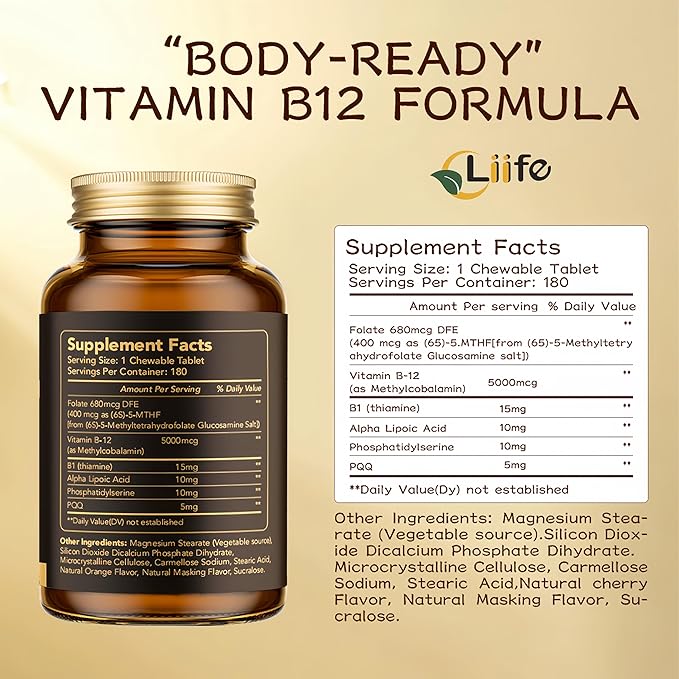 LIIFE Vitamin B12 (Methylcobalamin)+ PQQ 5000 mcg | 180 Chewable Tablets | Supports General Energy, Brain & Nervous System Health | Gluten Free | 1 Capsule per Serving*