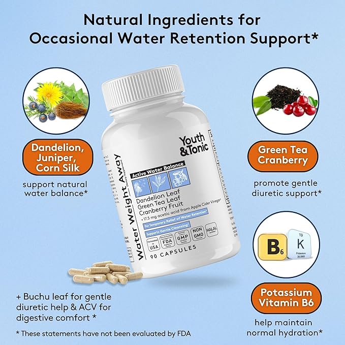 Youth & Tonic Water Weight Away – Herbal Diuretics for Water Retention & Bloating Support – with Potassium & Vitamin B6 for Fluid Balance – 90 Pills for Belly Bloat, Leg & Feet Swelling Support