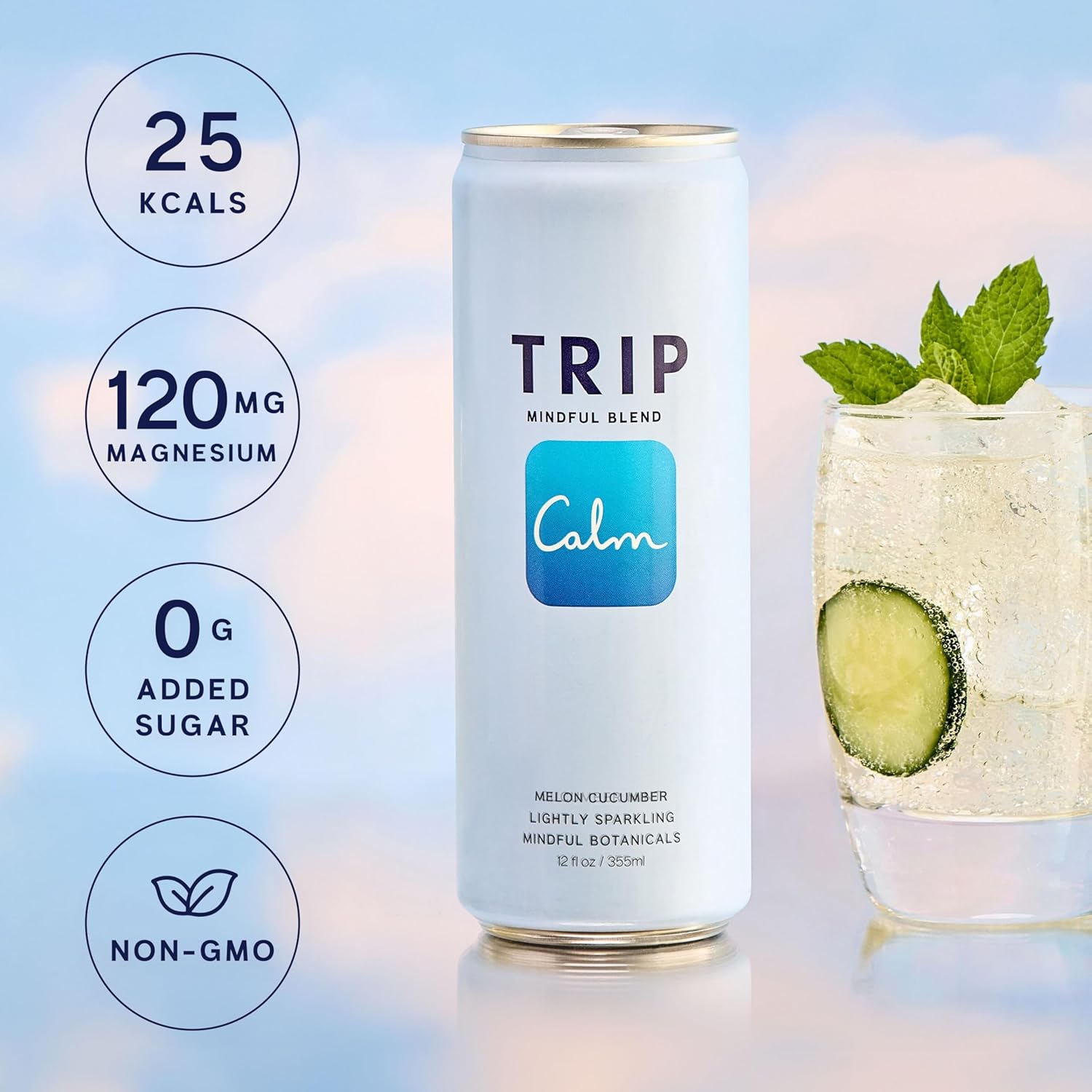 Trip Mindful Blend, Lightly Sparkling Adaptogen Seltzer, Mocktail w/ 120mg Magnesium Citrate with Ashwagandha, Lions Mane & L Theanine, No Added Sugar, Vegan, Melon Cucumber, 12 Oz, 12Pk