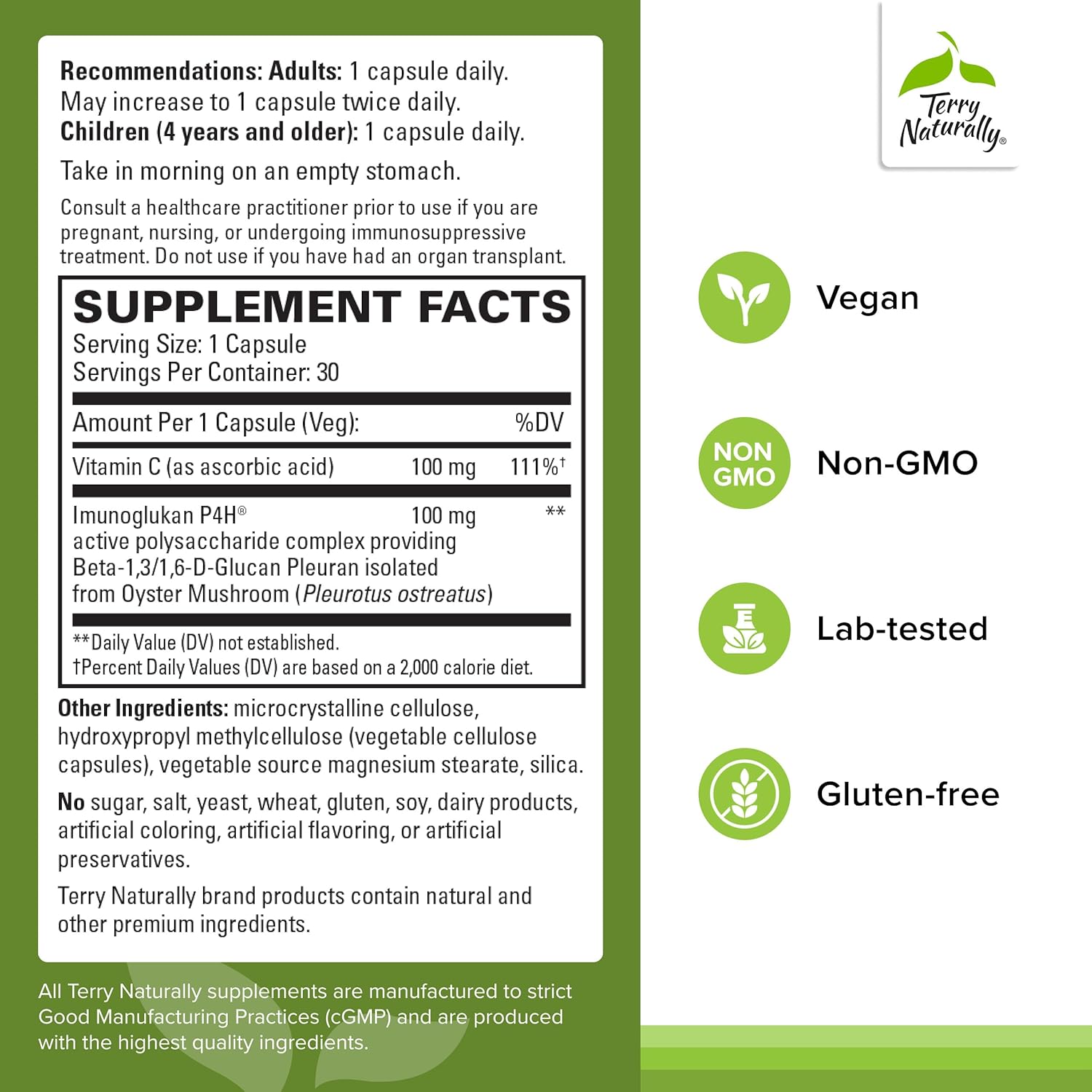Terry Naturally PleuraMax - Upper Respiratory Health Supplement - Sourced from Oyster Mushrooms - Includes Vitamin C for Immune Support - Vegan & Non-GMO - 30 Capsules (30 Servings)