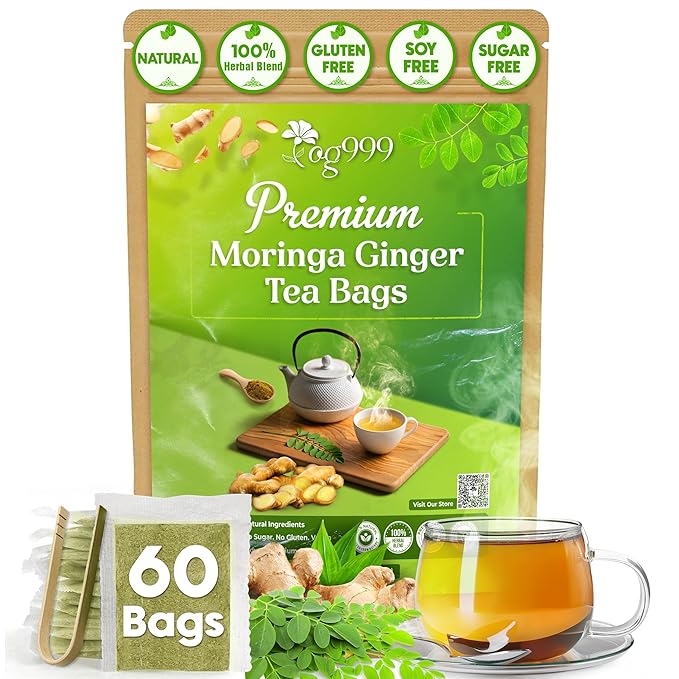 TOG999, Permium Moringa Ginger Herbal Tea – 60 Tea Bags – Caffeine-Free, Smooth & Warming Blend – Pure Ingredients, Sustainably Sourced. No Sugar. No Gluten. Vegan.