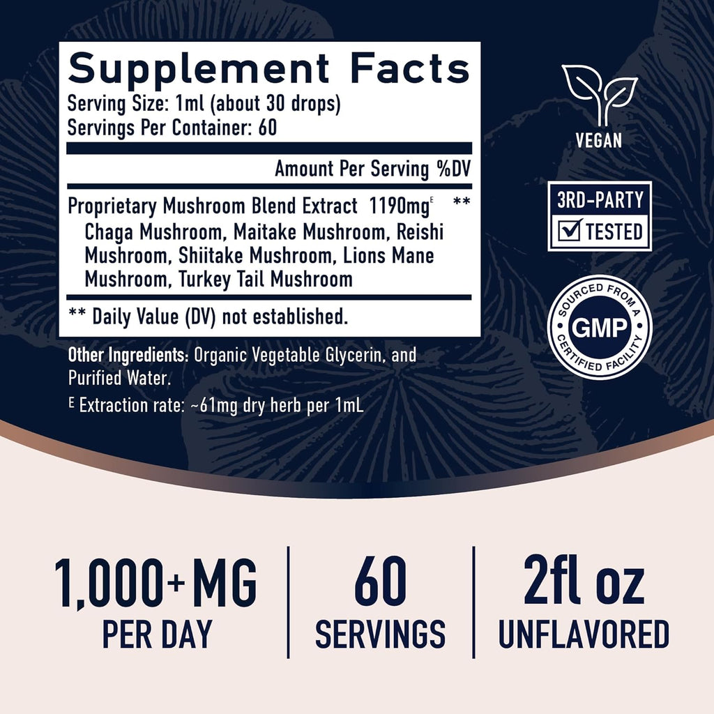 Mushrooms Liquid Drops Complex | Lions Mane Supplement with Turkey Tail Mushroom, Reishi, Shiitake & More | Support Cognitive Function, Memory & Focus | Non-GMO, Soy-Free | 2 Fl Oz, 60 Servings