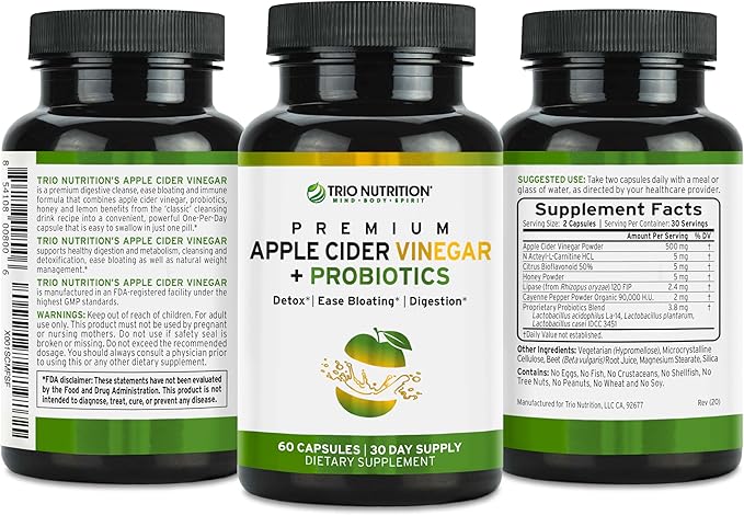 TRIO NUTRITION Apple Cider Vinegar Capsules with Multi-Strain Probiotics - Natural Sugar Free ACV Capsules with The Mother for Gut Health, Immunity, Body Cleanse & Healthy pH - Metabolism Booster*