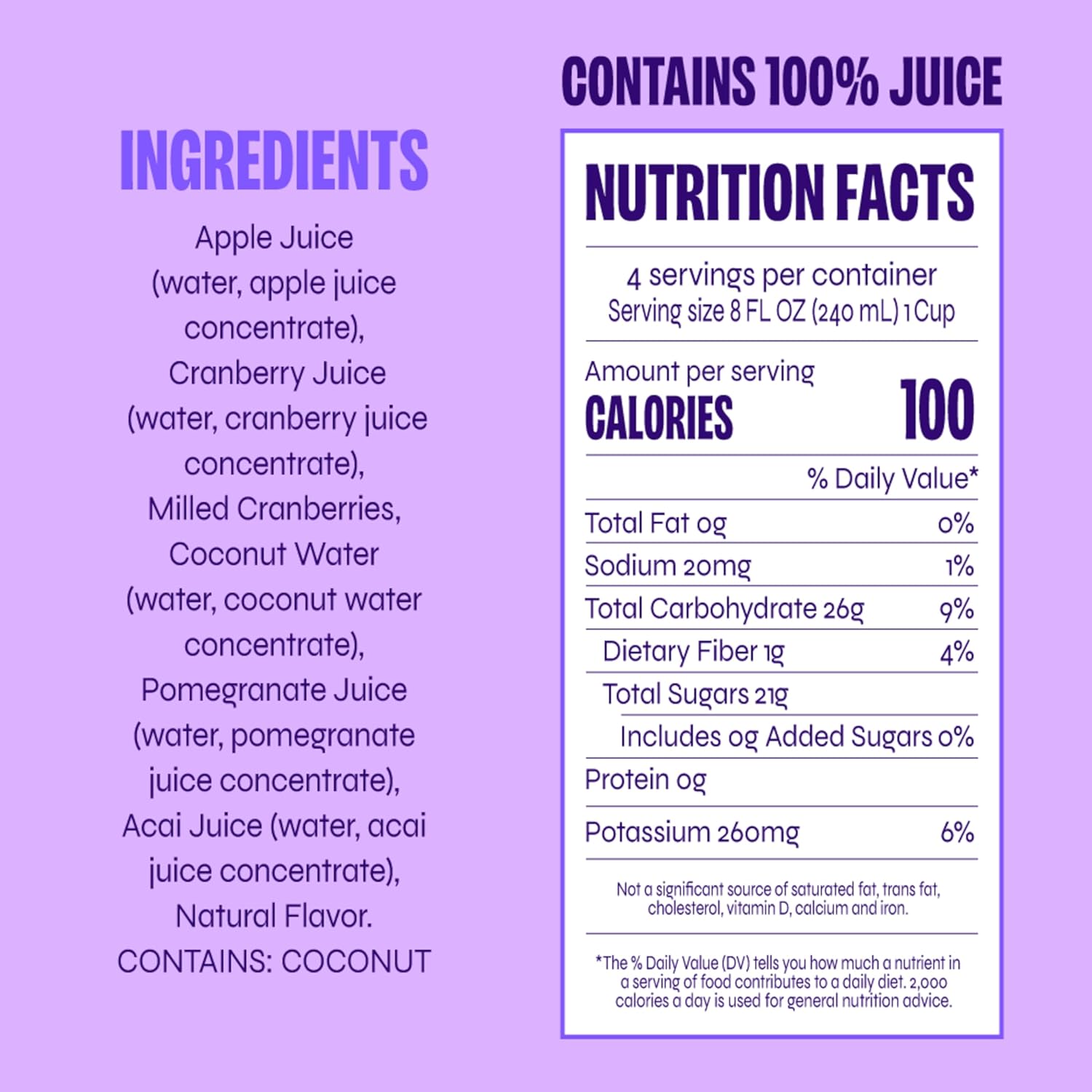Revl Fruits 100% Juice, No Added Sugar, Cranberry Pomegranate Açai, Berry Wild, 32 fl oz. Carton