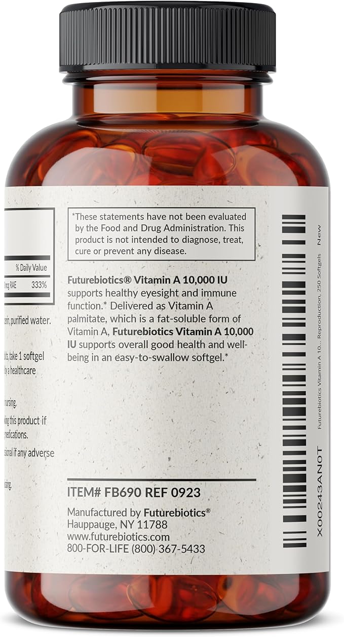 Futurebiotics Vitamin A 10,000 IU Premium Non-GMO Formula Supports Healthy Vision & Immune System and Healthy Growth & Reproduction, 250 Softgels