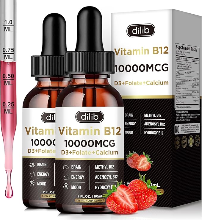 Vitamin B12 Liquid Drops Sublingual 10000 mcg, Triple B-12 Complex Supplement, Methyl & Methylcobalamin Blend for Women & Men, Mood & Energy Booster, Metabolism & Health Support, 2 Pack