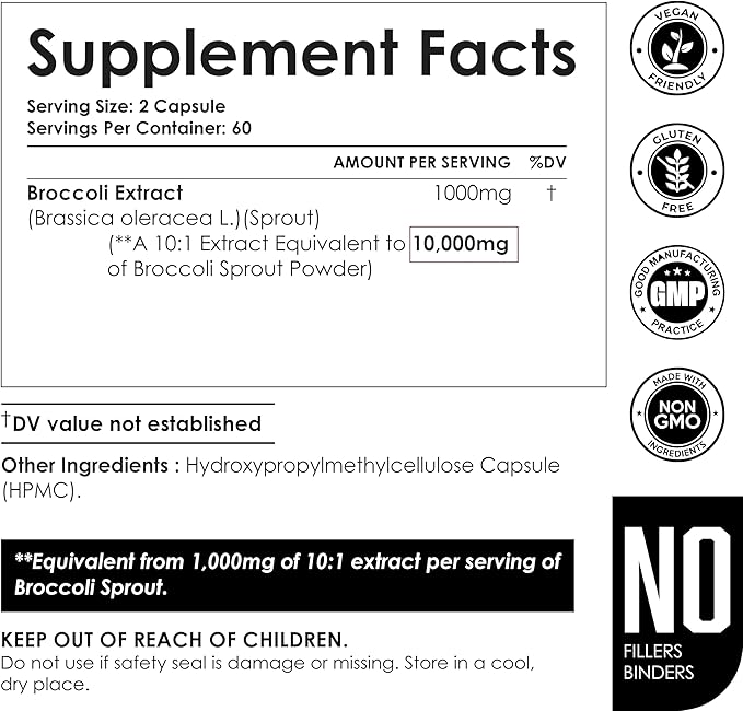AMALTH Broccoli Sprout Extract 1000mg | High Strength 10:1 Concentrated Broccoli Extract with Sulforaphane Precursors | Organic Style Broccoli Supplement | 120 Capsules | 60 Day Supply