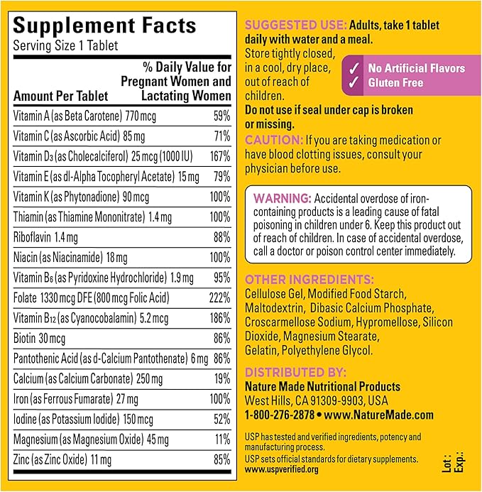 Nature Made Prenatal Multivitamin with Folic Acid, Vitamin & Mineral Supplement, Daily Nutritional Support, Prenatal Vitamins for Women, 250 Tablets, 250 Day Supply