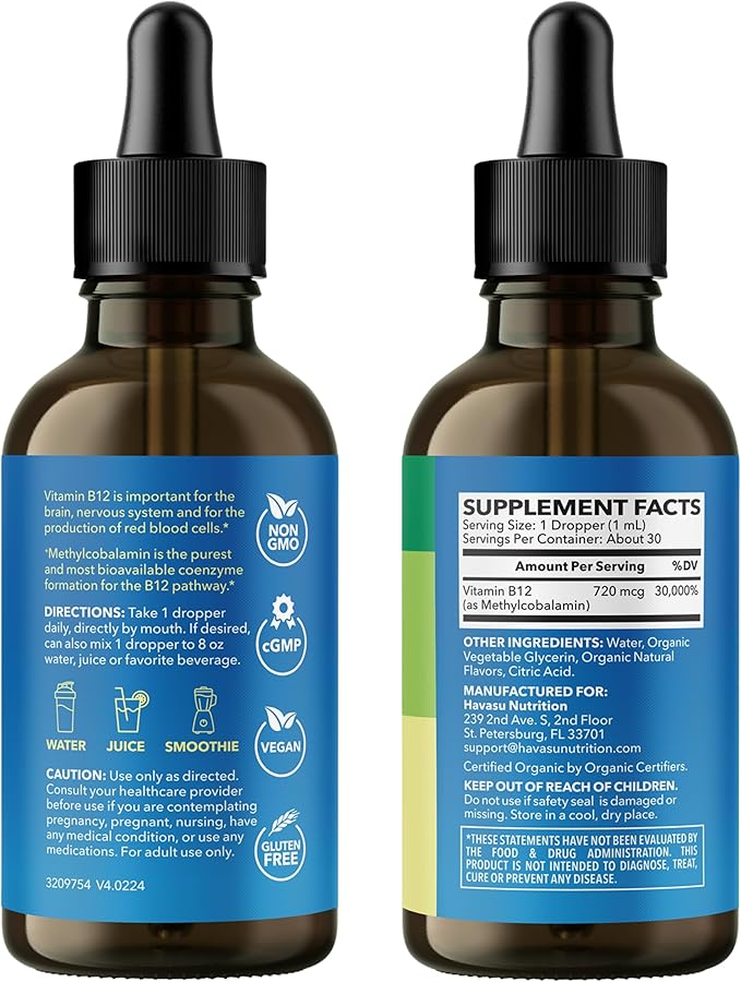 USDA Organic Vitamin B12 Liquid Drops - Methylcobalamin for Enhanced Energy and Nervous System Support - 30 Servings - Highly Bioavailable for Absorption - Non-GMO, Vegan, Strawberry Flavor, 1 Fl Oz