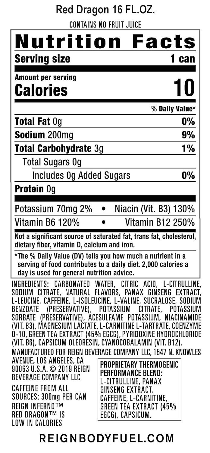 Reign Inferno Red Dragon, Thermogenic Fuel, Fitness and Performance Drink, 16 Fl Oz (Pack of 12)