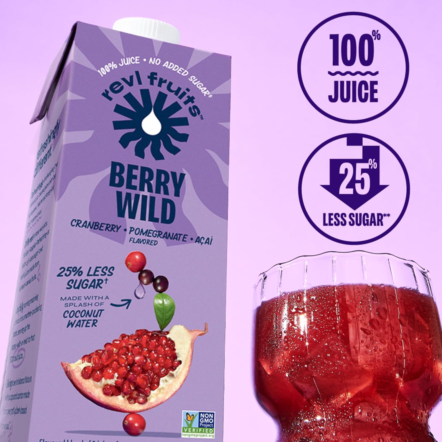 Revl Fruits 100% Juice, No Added Sugar, Cranberry Pomegranate Açai, Berry Wild, 32 fl oz. Carton