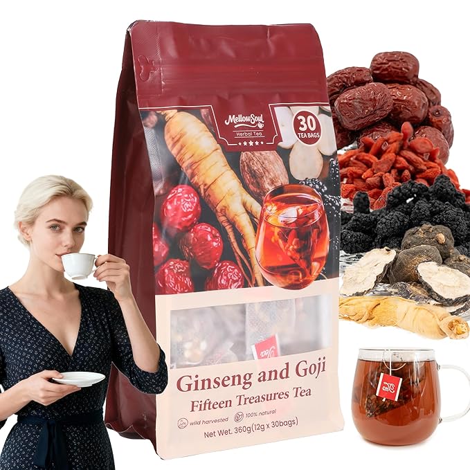 Kidney Tea Formula Ginseng Fifteen Treasure Tea -Upgraded Ginseng Five Treasures,Natural Herbal Blend with 15 Traditional Chinese Herbs Kidney , Caffeine-Free,Detox & Cleanse, Liver Support & Energy Boost For Men Women(1 Pack/30 Bags)(Fifteen treasure)