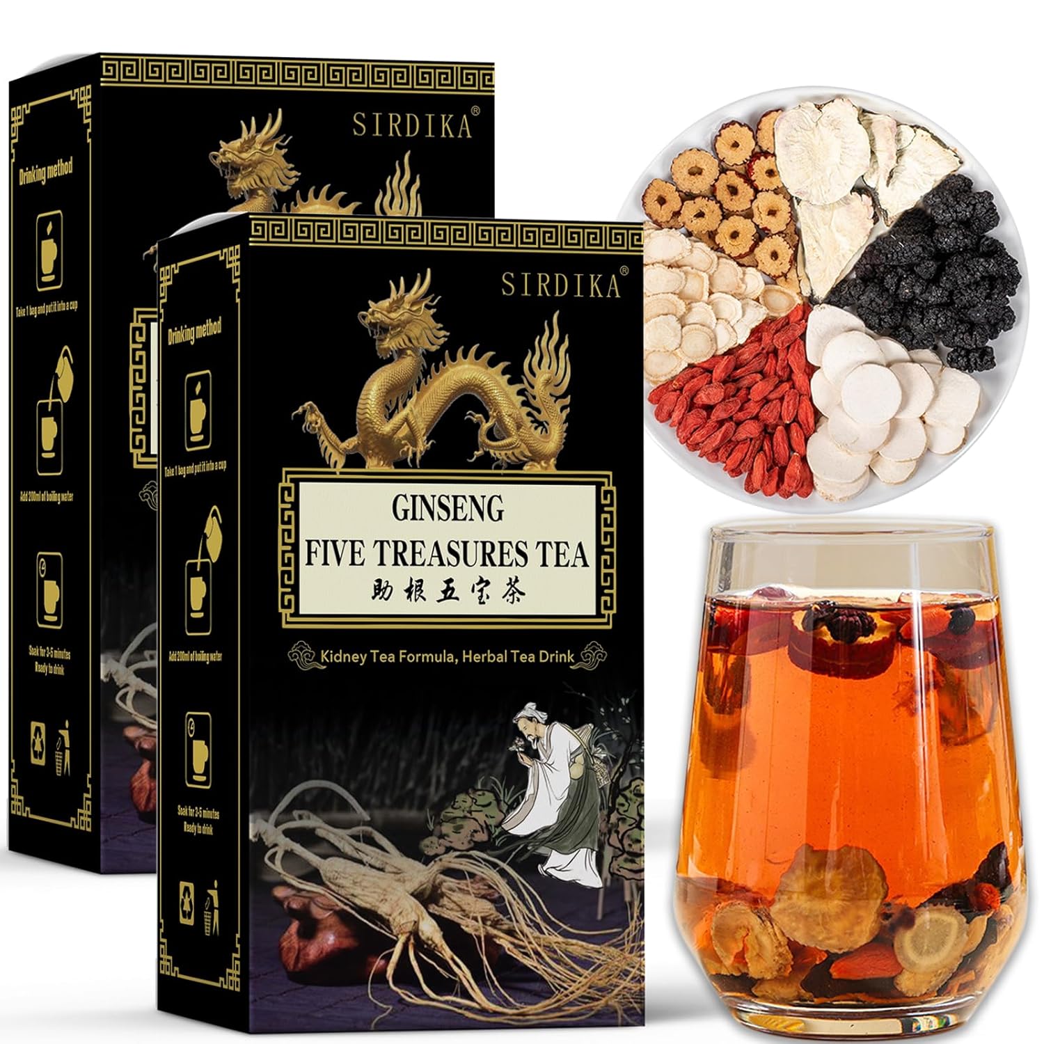 Ginseng Five Treasures Kidney Care Tea - Zhu Gen Wu Bao Cha - Men's Herbal Tea (20 bags/2 boxes)