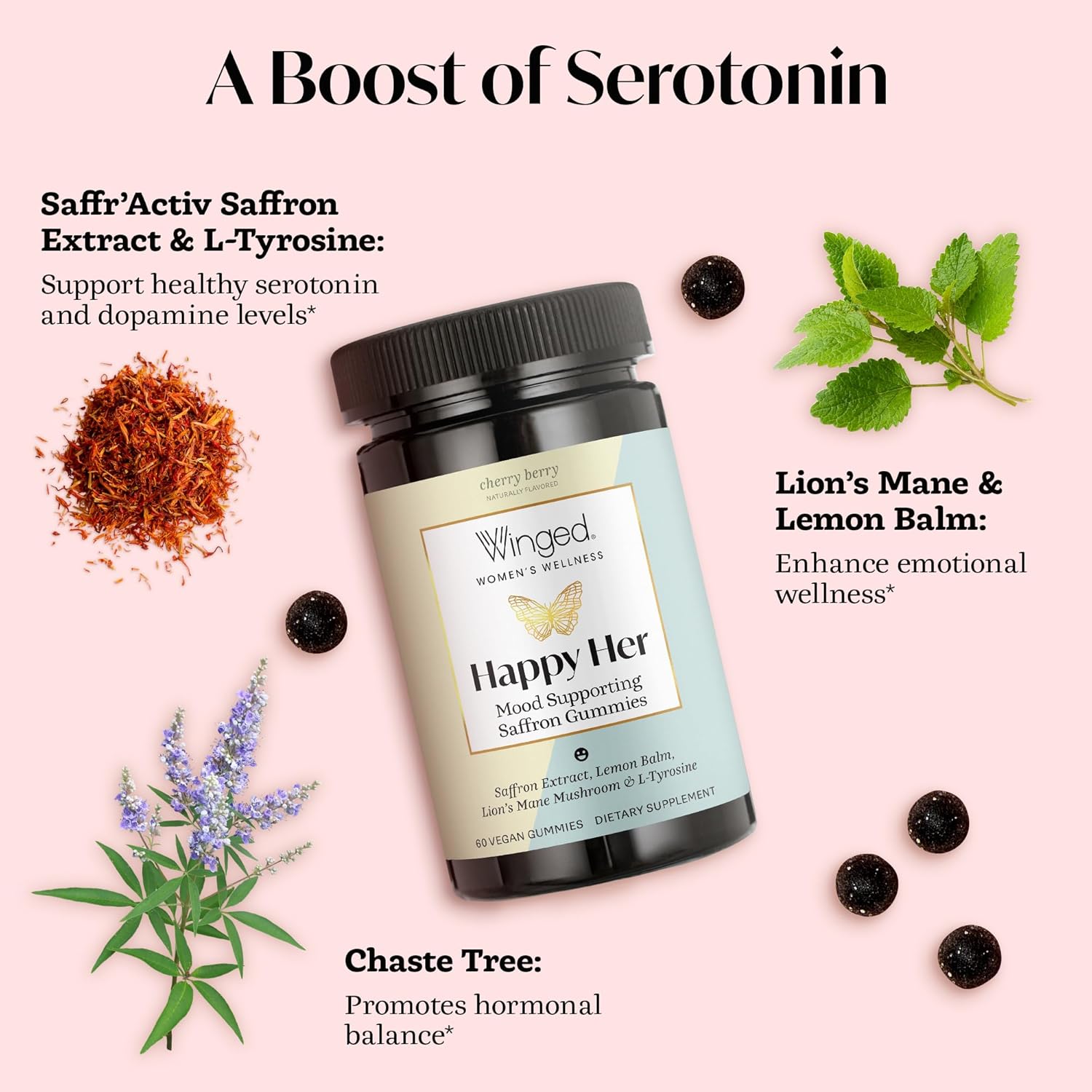 Winged Wellness Happy Her Mood Gummies - Daily Mood Enhancer Support Supplement for Women - Vitamin D with Saffron, Lemon Balm, & Lions Mane Mushrooms for Balance & Calming Relief - 50 Vegan Gummies