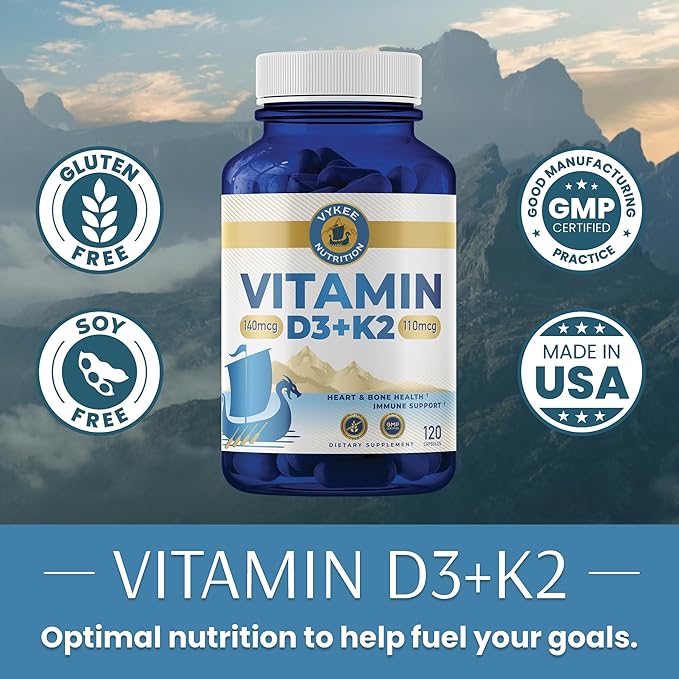 Vykee Nutrition Vitamin D3 K2 Complex - Ultimate Absorption 140mg D3 & 110mg K2 (MK-7) | Vegan, Non-GMO | Supplement for Bone, Teeth, Muscle, & Heart Health | 120 Capsules